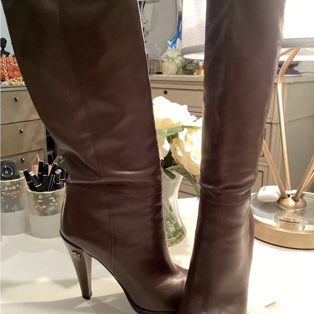 Gucci Drapple High Heeled Boots dark olive / brown Lambskin leather Size 8.5 - Picture 11 of 11